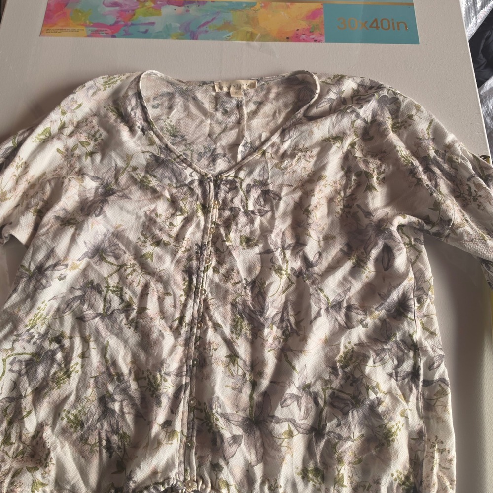 Lovestitch Floral Button Down V-Neck Top Gray Pink Boho Drawstring Hem Womens M
